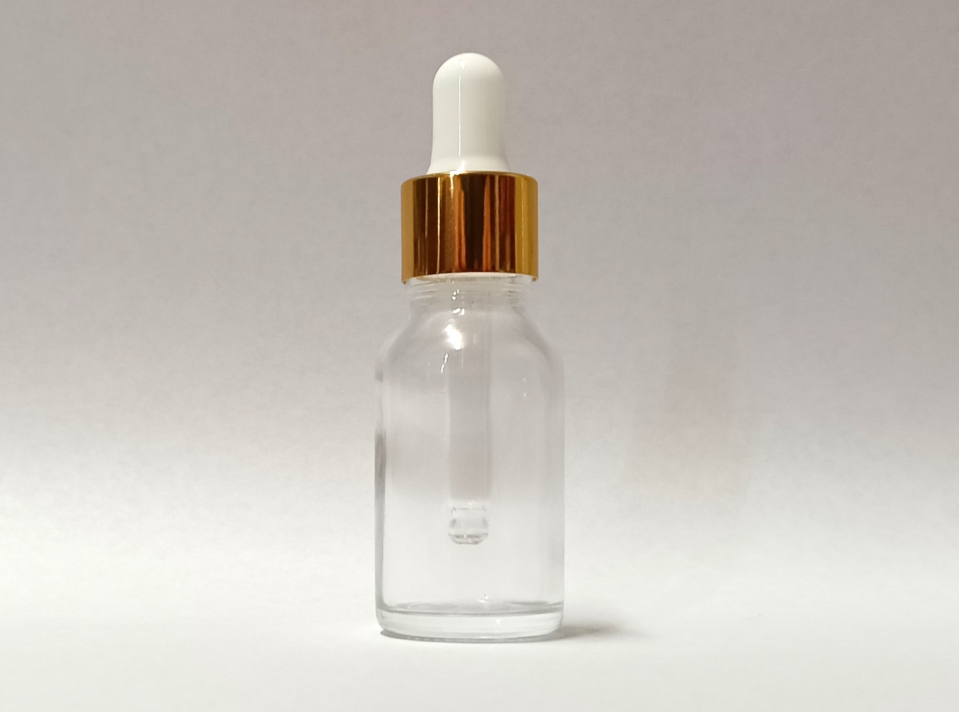 15ml Clear Gold White dropper 15ml Clear Glass Bottle with Gold & White Eye Dropper - Image 1